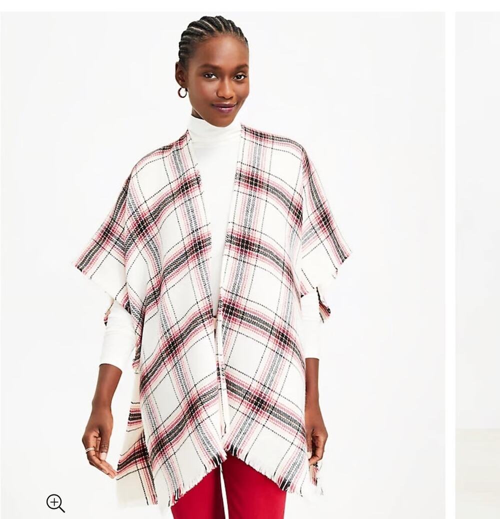 Loft NWOT Women's Plaid Wrap Cream Red Black Frayed Hem Size M/L